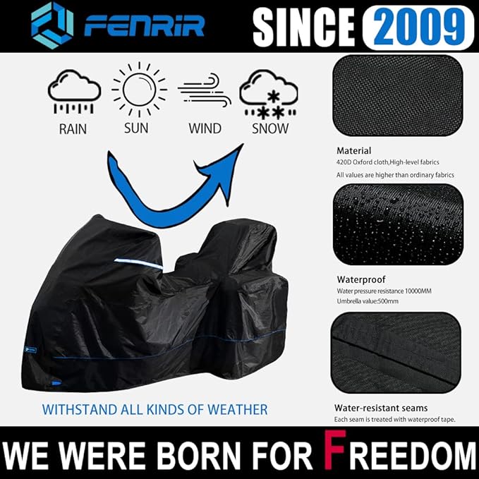 FENRIR 420D 90"INCH Motorcycle Cover Waterproof Outdoor Storage compatible with Adventure R1250GS R1300GS KLR650 Versys Africa twin Transalp750 NC750X CB500X NT1100 Tracer9 FJR1300 Multistrada Vstrom