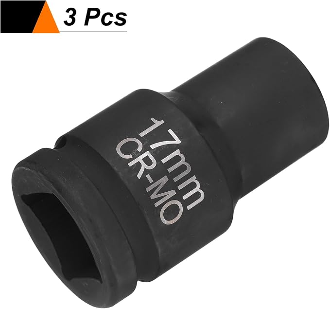 HARFINGTON 3pcs 4 Point Square Socket 1" Drive 17mm Metric CR-MO Phosphate Blackening Standard Wheel Impact Sockets for Auto Repair Mechanical Maintenance Home Install