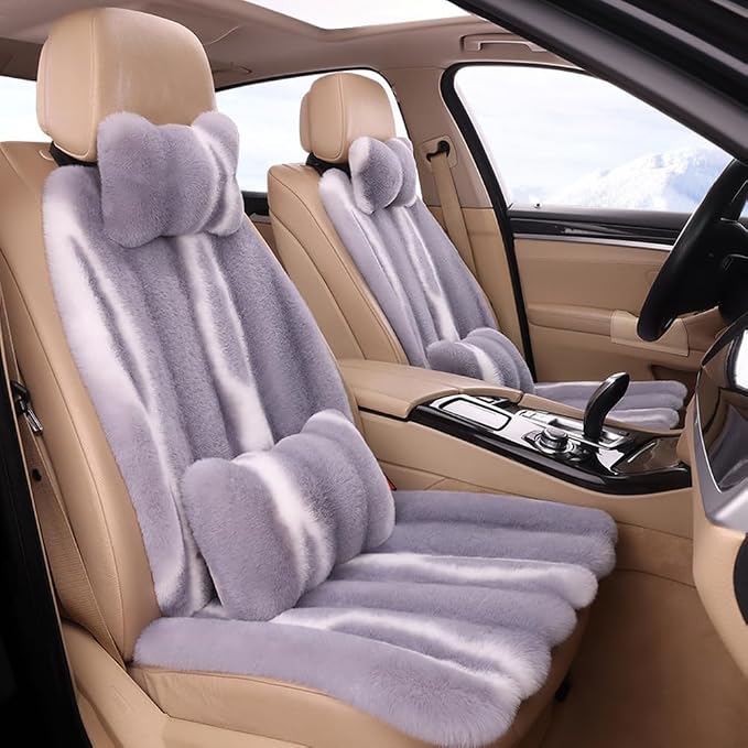 Full Set 5 Seat Fluffy Faux Rabbit Fur Car Seat Cover for Fuzzy Soft Auto Universal Car Seat Plush Vehicle Seat Protector Pad with Non-Slip Backing, Car Accessories Home and Office Chair