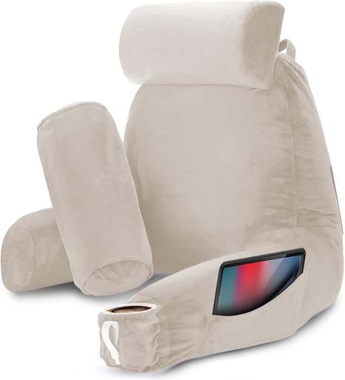 Nestl Reading Pillow with Shredded Memory Foam Includes 2 Neck and Lumber Support Pillows, Designed for Sitting Up in Bed and Couch, Back and Arms Adjustable Support for Adult & Teens, Linen