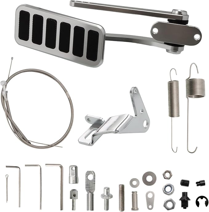 Universal Polished Aluminum Throttle Pedal (2" x 4-1/2") + 36" Stainless Steel Braided Throttle Cable Kit with 24" Sleeve, Carb Bracket & Spring