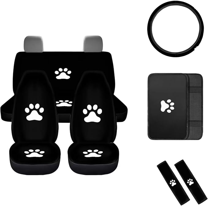 Mumeson Dog Paw Car Seat Covers Full Set with Car Seat Belt Shoulder Pads Non-Slip Steering Wheel Cover Armrest Cushion for Car Full Set of 8 Pieces Decor