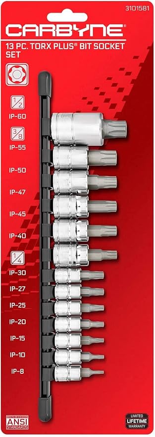 CARBYNE 13-Piece Torx Plus Bit Socket Set, 6 Lobe, TP-8/IP-8 to TP-60/IP-60, S2 Steel Bits, CrV Sockets, 1/4 in. 3/8 in. 1/2 in. Drive, Zinc Phosphate, Genuine Licensed Torx