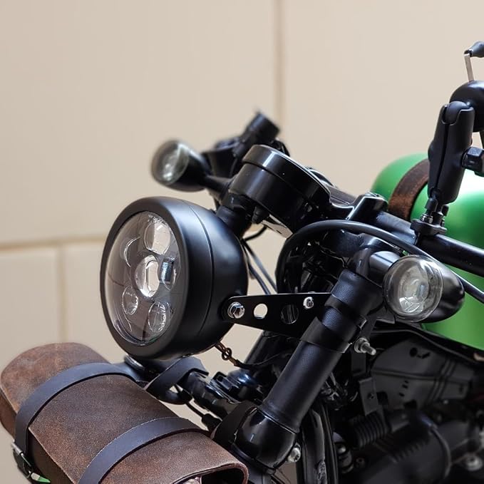 5.75inch Headlight with Matte Black Motorcycle Front Light Housing Bucket 32-40MM Side Mount Brackets fit for Most Motorbikes