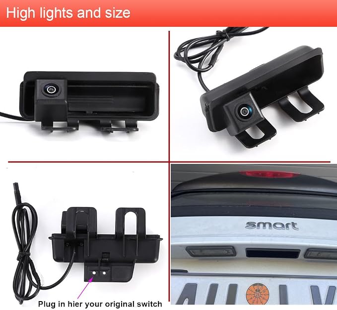 HD Waterproof Car Rear View Backup Camera Vehicle-Specific Trunk Handle Reverse Camera, Parking Safety Assistant System Night Vision, for Heckklappe Mercedes Benz Smart Fortwo Cabrio Coupe 451