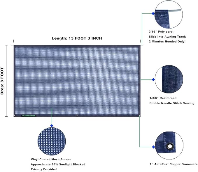 leaveshade RV Awning Sun Shade Screen 8' X 13' 3'' (Fit for 14' Awning) Mesh Sunshade Block Patio Front Sunlight Motorhome Camping Trailer Awning Shadescreen UV Sunblock - 3 Year Warranty (Navy Blue)