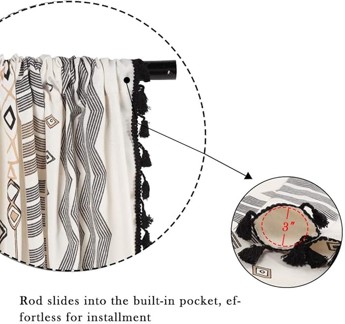 ColorBird Boho Curtains 2 Panels 90 Inches Long Patterned Print Western Aztec Light Filtering Semi-Blackout Curtain with Black Tassel Rod Pocket Window Treatment Long Drapes for Living Bedroom Closet