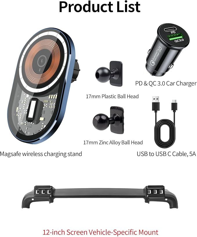Wireless Charging Car Phone Holder for Ford Ranger 2024-2025, 12" Screen Fixed Clip, 360° Rotation Car Phone Mount Compatible with MagSafe