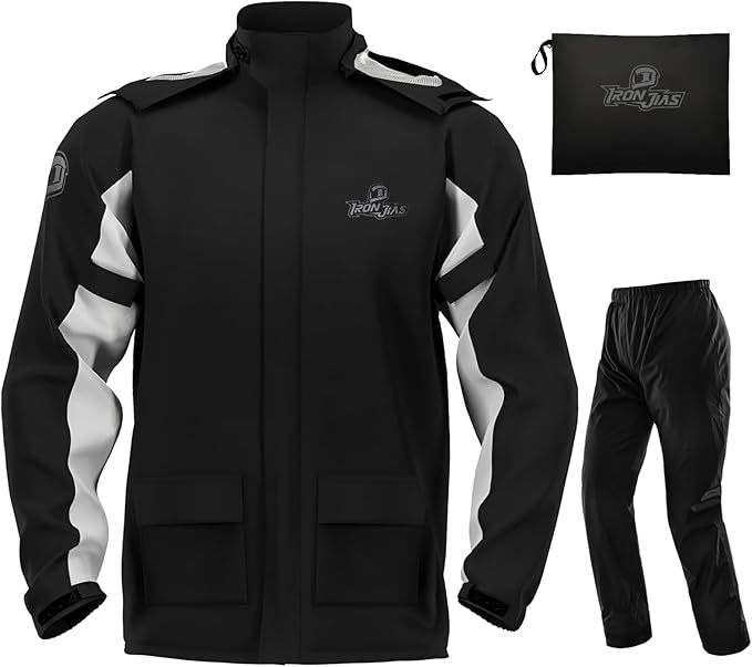 IRON JIA'S Rain Suit, Motorcycle Rain Gear for Men & Women, Waterproof Jacket and Pants, Breathable Reflective Raincoat for Farm Fishing Golf (Black XXL)