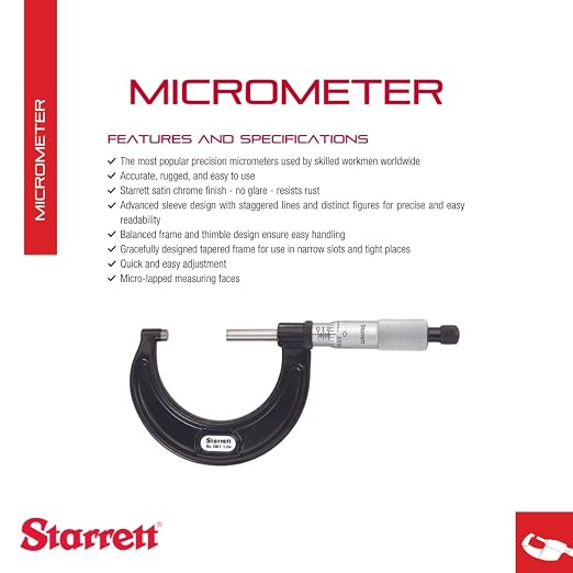 Starrett Outside Micrometer with One-Piece Spindle, Satin Chrome Finish and Advanced Sleeve Design - Quick and Easy Adjustment, 1-2" Range, .001" Graduation - 436.1XRL-2