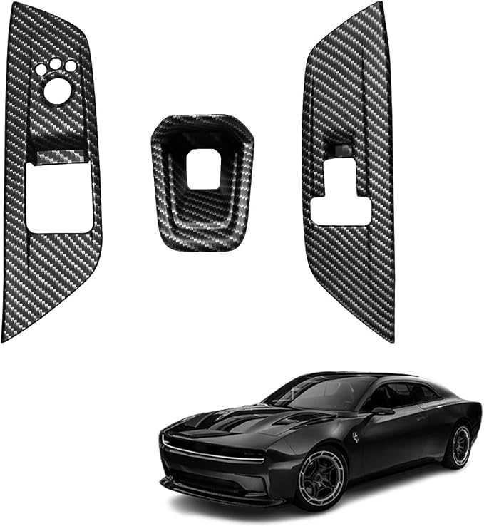 BestEvMod 3PCS Interior Decoration Trim Set of 3 Window Lift Switch Panel Cover & Steering Wheel Lower Spoke Trim Compatible with Dodge Charger EV 2026 2025 2024 (Matte Carbon Fiber Pattern)