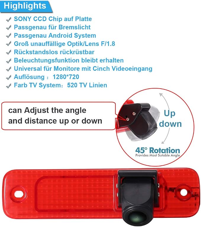 1280 * 720 Pixel Third Roof Brake Lamp Car Backup Camera Replacement for Ford Transit Transporter Van 3 BJ 04.2006-01.2009 Ford Transit MK7 Tourneo Furgon MK4 Van 3. 2006-2014 Reverse Parking Camera