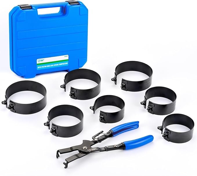 SMOTIVEPRO 8 Piece Piston Ring Compressor Tool Set with Piston Ring Pliers and 7 Piston Rings from 2-7/8" to 4-5/8"(73mm-117mm), Ring Compressor for Car Engine