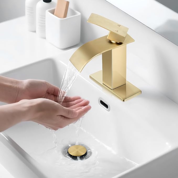 Brushed Gold Bathroom Faucets, Waterfall Bathroom Sink Faucet Modern Single Handle Bathroom Faucte 1 or 3 Hole, RV Mixer Tap Vanity Faucet - Includes Pop-up Drain Supply Hoses Deck Plate