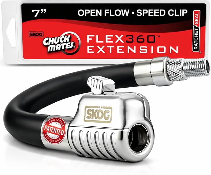 SKÖG Chuck Mates Flex360 7” Tire Inflator Hose Extension with Patented RatchetSeal Self-Locking Chuck – Compatible with Portable Tire Inflators (Open Flow)