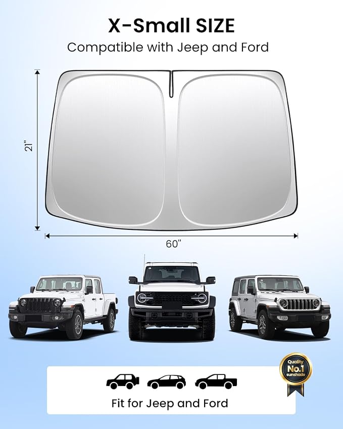 REEVAA 2026 3rd Pro Windshield Sunshade for Jeep Wrangler | XS (60 × 21 Inches) | Dual-Layer Heat & Sun Defense, OEM Design | Foldable Sun Shade Car Accessories with Storage Bag