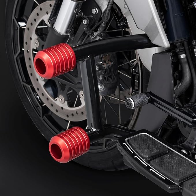 Advanblack ProTek Machined Harley Crash Bar Sliders 1.25" Decorative Wheel Rotatable End For Front Engine Guard Rear Saddlebag Guards (Red CNC)