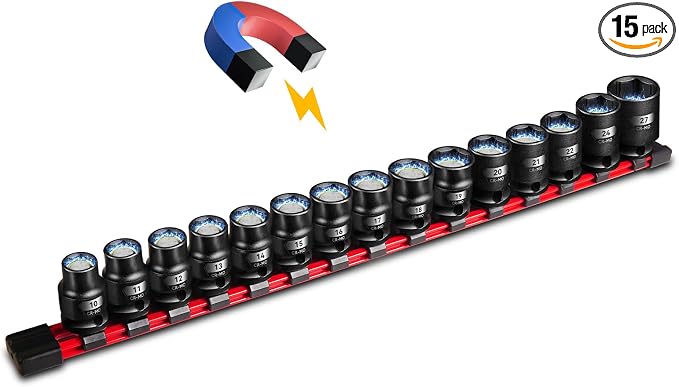 BLACKROBOT 1/2" Drive Magnetic Impact Socket Set, 15-Piece Shallow Socket Set with Storage Rail, Metric Size (10-22mm, 24mm, 27mm), 6-Point Magnetic Sockets, Cr-Mo Steel