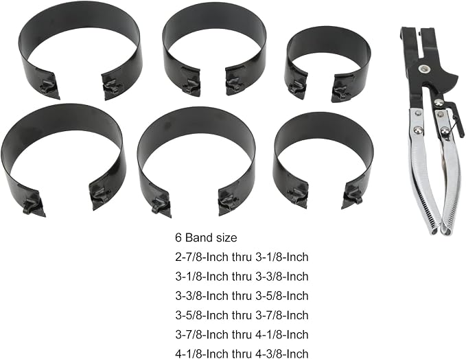 Auto Engine Piston Ring Compressor Tool Set, 6 Piston Rings (73-111mm/2.9-4.4inch) with 1 Adjustable Installer Pliers for Repairing Car Truck Automotive Engine