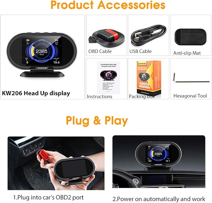 KONNWEI KW206 Car OBD2 HUD Digital Meter Gauge All in One Automotive Trip Computer Smart OBD Speedometer Water Temperature Fuel Pressure Tester for All 2003 and Newer Cars