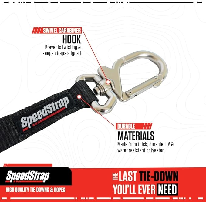 SpeedStrap Motorcycle Tie-Downs with Adjustable Sliding Ratchet (2-Pack) 1.25 Inch x 7 Feet (3,000lb MRC) - Moto Tie Down Straps with Swivel Carabiner, Built-in Soft Ties & Safety S-Hooks - Black