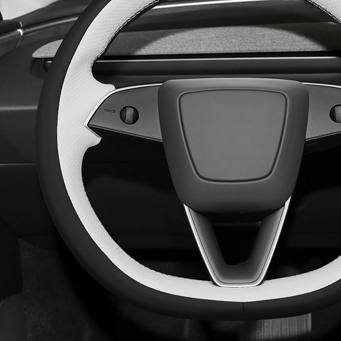 MEWANT Hand Stitch Black White Faux Leather Steering Wheel Cover Wrap for Tesla Model 3 Highland 2025 Model Y Juniper