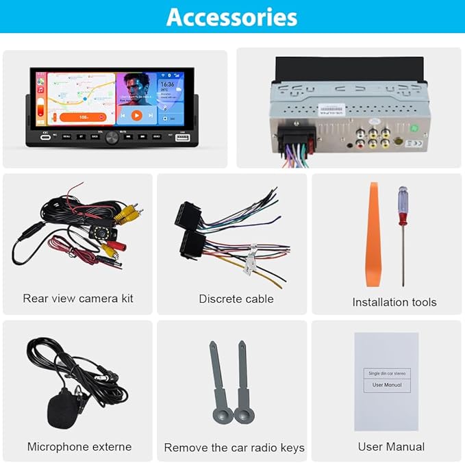 6.86 inch Single Din Car Stereo with CarPlay&Android Auto HD IPS Touchscreen Radio with Bluetooth 5.0, 720P BackupCamera with 6M Cable, Support USB Type-C Charging/USB/Microphone/FM/EQ/GPS/SWC