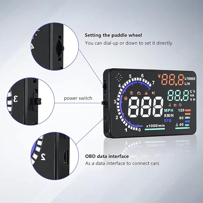 5.5'' HUD Head Display, Windshield Screen Projector Vehicle Speed, Hud Overspeed Alarm, Km/h MPH, OBDII/EUOBD Interface Plug Car Hud Screen