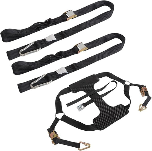 MOTO4U Sport Motorcycle Tie down Bundle,1 PK Motorcycle Rear Wheel Tie Down Straps with Ratchets & 2 PK 1.5" x 7' Cam Buckle Straps with soft Loops & Safety Hooks & Snap Hook Black