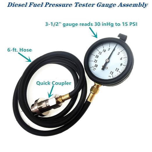 Diesel Fuel Pressure Tester Gauge Assembly TU-32-6 6.6L,Fits for GM Duramax Diesel Fuel System Test Kit, with Quick Coupler (30 inHg - 15 PSI, 6FT)