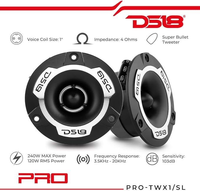 DS18 PRO-TWX1 Super Tweeter 1" Aluminum Frame and Diaphragm, 240W Max, 4 Ohms, Built in Crossover - PRO Tweeters are The Best in The Pro Audio and Voceteo Market - Pair