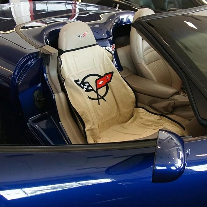 SR1 USA C5 Corvette Seat Cover Seat Towels - 100% Cotton - Interior UV Protection with Crossed Flags Logo for 1997-2004 C5 & Z06 Corvettes Accessories (Tan, Set)