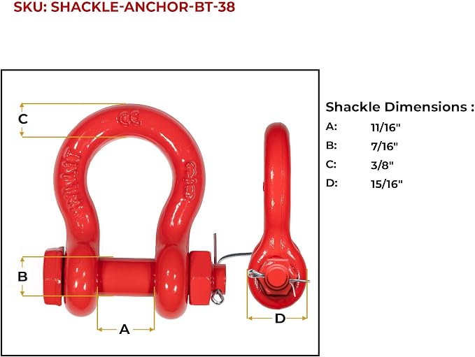 Mytee Products 10Pcs 3/8" Anchor Shackle Forged Carbon Steel w/Safety Screw Pin Load Limit 2,000 lbs Double Rust Protection Heavy Duty D Ring Bolt Type Shackle for Towing, Rigging, Vehicle Recovery