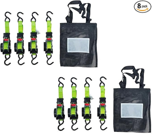 Mytee Products 8 Pack Retractable Ratchet Tie Down Straps w/S Hook - 1,500lb Break Strength Self Retracting Ratchet Straps for Haul Motorcycles, ATVs, Bikes, Trailer Tie-Down
