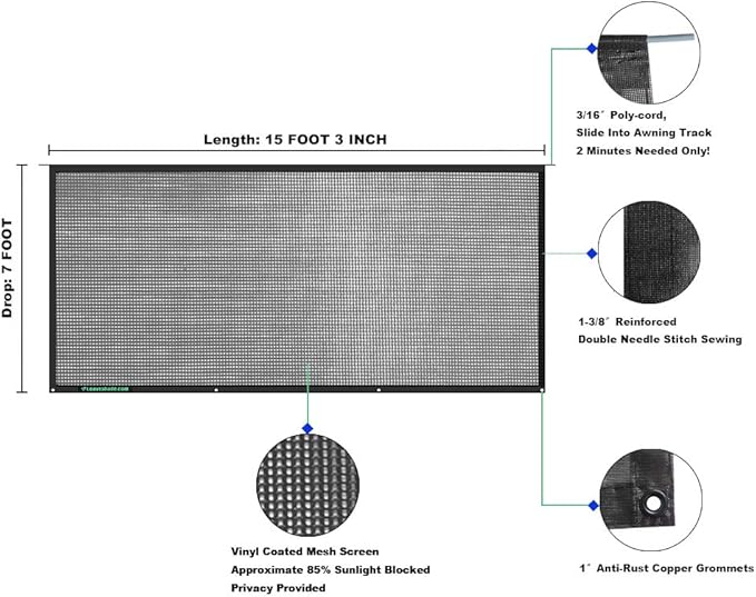leaveshade RV Awning Sunshade Screen Tentproinc 7'X15'3''- Black Mesh Sun Shade Block Patio Front Sun Light Motorhome Camping Trailer UV Sunblocker Canopy Sunscreen-3 Year Warranty