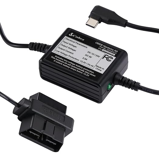 Cobra 2.5A DIY Hardwire Kit - OBDII to USB-C/Micro-USB with 15ft Cable, Compatible with SC 400D, SC 250R and Other Dash Cam Models