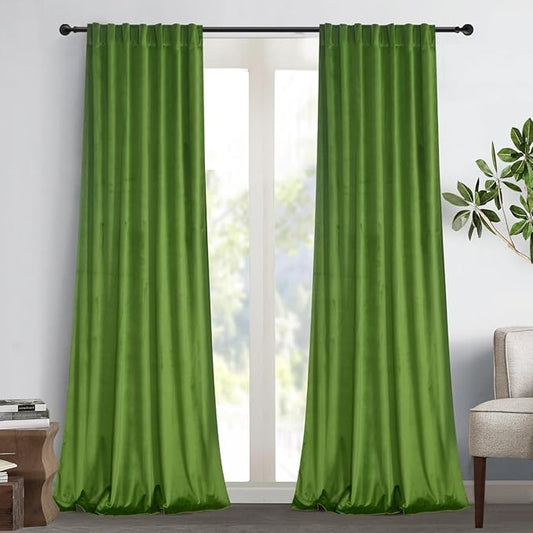 Roslynwood Luxury Soft Fresh Green Velvet Curtains 72 inches Long Back Tab Thermal Insulated Blackout Window Drapes for Living Room/Bedroom/Dining Room, W52 x L72, 2 Panels
