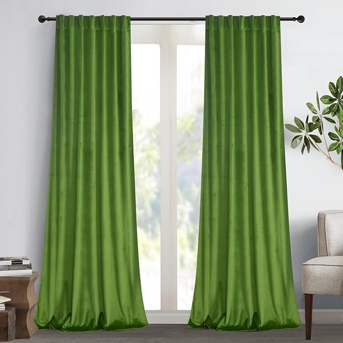 Roslynwood Luxury Soft Fresh Green Velvet Curtains 63 inches Long Back Tab Thermal Insulated Blackout Window Drapes for Living Room/Bedroom/Dining Room, W52 x L63, 2 Panels