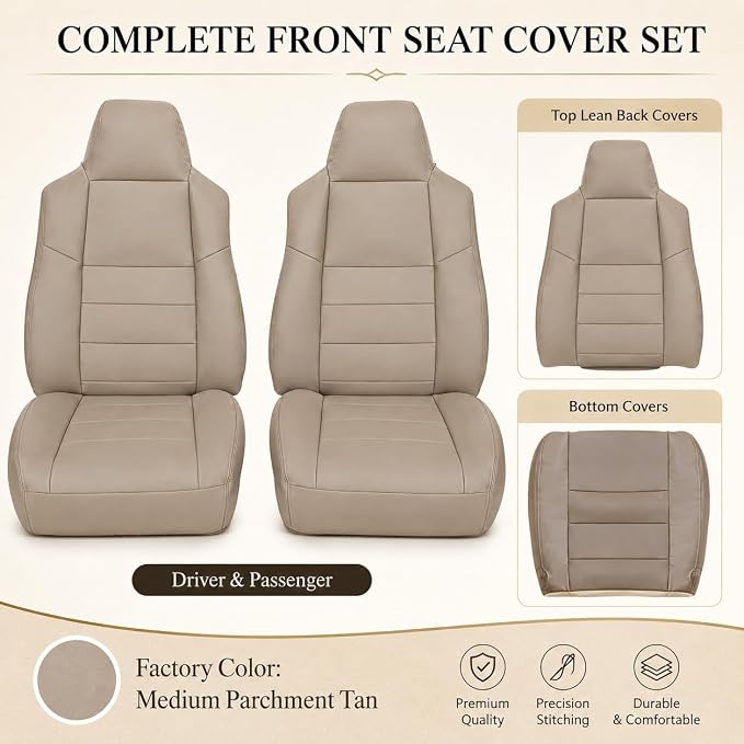 NLQR Medium Parchment Tan Leather Driver & Passenger Side Bottom & Top Lean Back Replacement Microfiber LeatherSeat Covers fit for Ford F250 F350 F450 F550 Lariat 2002-2007 & Excursion 2002-2005