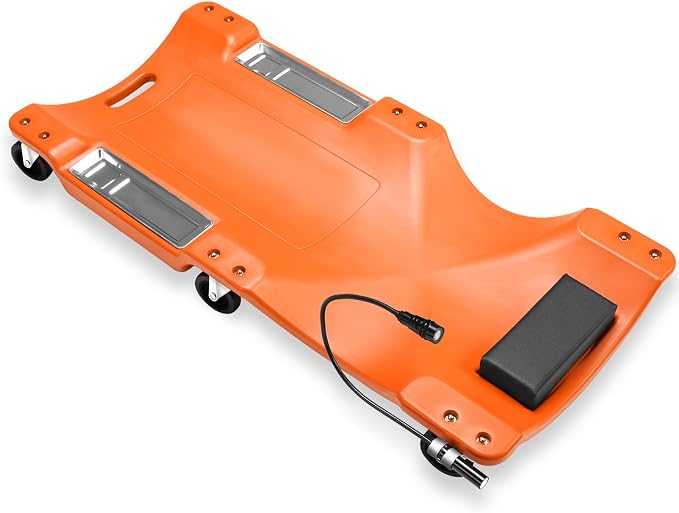 Auto Dynasty 40 Inches Mechanic Creeper, Automotive Garage Repair Low Profile Under Car Rolling Creeper with LED Light and Padded Headrest, Plastic, Orange