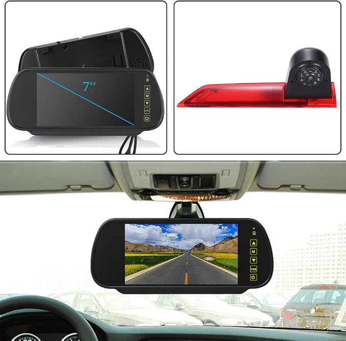 7 inch LCD Mirror Monitor+High Mount Brake Light Rear View Reverse Backup Camera Replacement for Ford Transit Custom 2012-2016 Transporter Business MPV SUV Bus