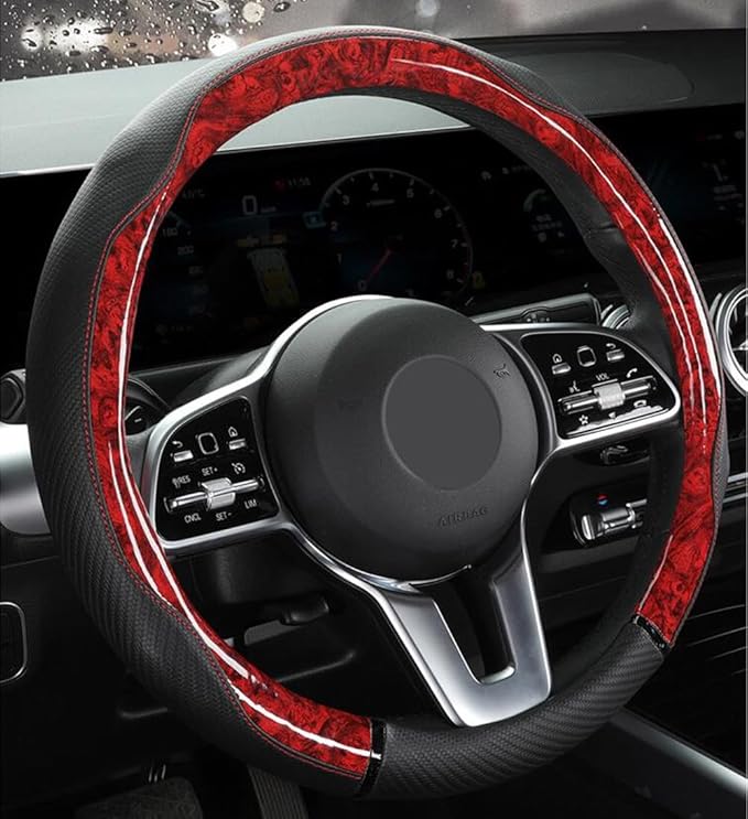 Peach Wood Grain Steering Wheel Cover Anti-Slip Breathable Durable Leather Four Seasons Universal 15 Inch Car Wrap Cover (Red)