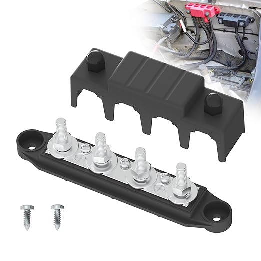 Bus Bar 250A 12V Power Distribution Block with 5/16" (M8) 4-Posts Terminals Block with Cover for Automotive, Marine, Battery System (Black)