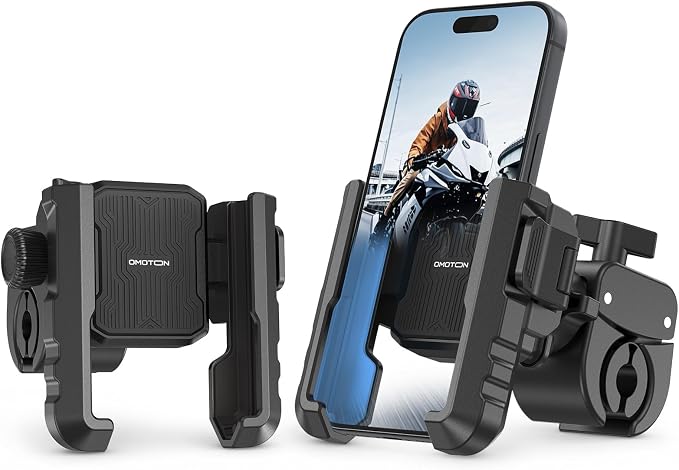 OMOTON Bike Phone Holder 2-Pack, Anti-Vibration Shockproof Motorcycle Phone Mount with Quick Lock & 360° Swivel - Fits Handlebars & Rearview Mirror, for iPhone Samsung All Phones, Black & Blue