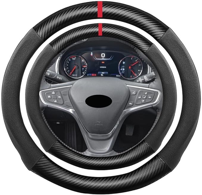 Suede Carbon Fiber Steering Wheel Cover, Compatible with Chevrolet Sonic MalibuTrax Equinox Blazer Traverse Colorado Silverado 15 inch Suede Leather Sport Non-Slip Interior Accessories