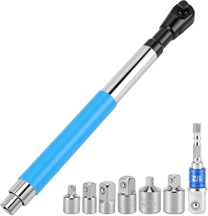 1/2 Inch Offset Extension Wrench Impact – Strong Torsion Output Steel Wrench Extender with 6 Sockets & 1 Adapter Rod for Tight & Narrow Spaces (Blue)