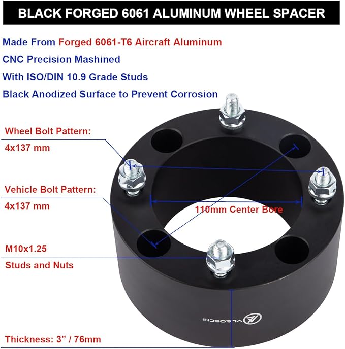 Black Forged 4x137 ATV Wheel Spacers 3 Inch with 12x1.5 Studs Compatible with Honda Can-Am 4 Lug for 2019-2022 Talon 1000R 1000X | 2016-2022 Pioneer 1000 | 2017-2022 Maverick X3 - Pack of 2