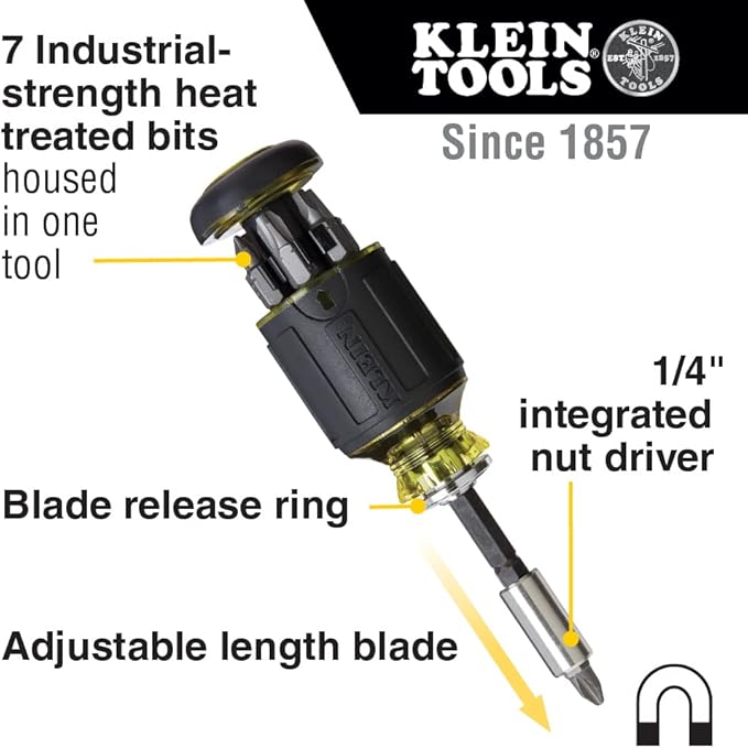 Klein Tools J207-8CR Needle Nose Pliers are All-Purpose Linesman Pliers for Crimping & 32308 Multi-bit Stubby Screwdriver, Impact Rated 8-in-1 Adjustable Magnetic Tool with Phillips