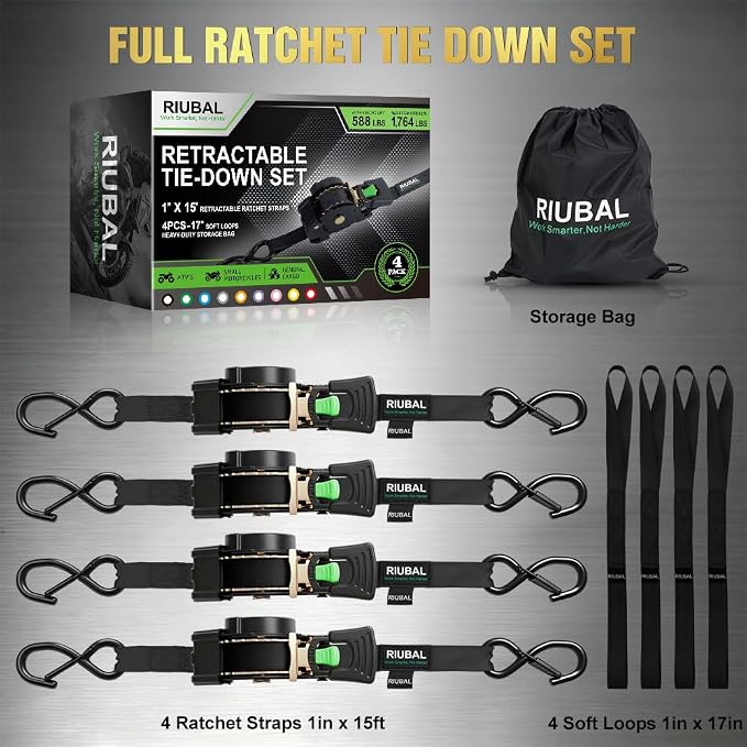 Retractable Ratchet Straps (4-Pack) - 1 Inch x 15 Feet (1,764lb Break Strength) - Auto Self Retracting Tie Down Straps Heavy Duty for Motorcycle, ATV, UTV, Truck, Cargo Trailer - Black