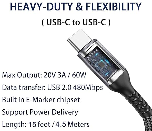 15FT USB-C to USB C Cable 60W, Extra Long USB Type-C Cable for iPhone 15,MacBook Pro 2020,iPad Air 5th,Galaxy S23 S22,Note 20,Pixel 7,Switch, Type C Laptops and Phone